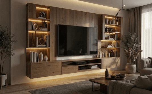 Modern TV Unit with Acoustic Wood Paneling